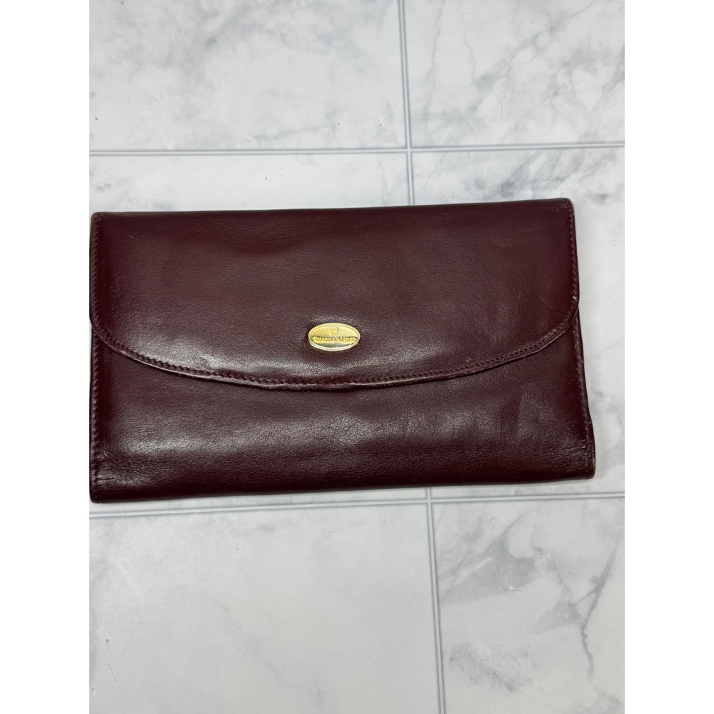Etienne Aigner Burgundy Leather Trifold Wallet Gold Logo Plaque Vintage